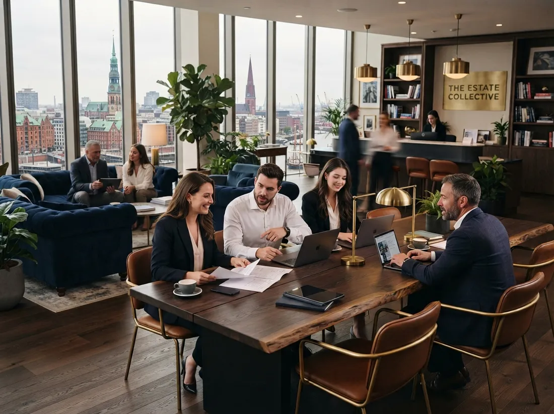 Co-Working-Bereich im Hanseatischen Immobilienzentrum mit Blick über die Stadt.